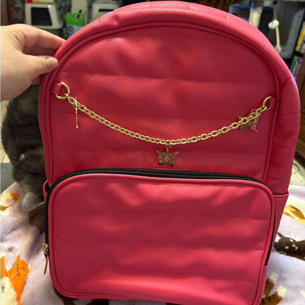 Pink Faux Leather Backpack with Gold Accents